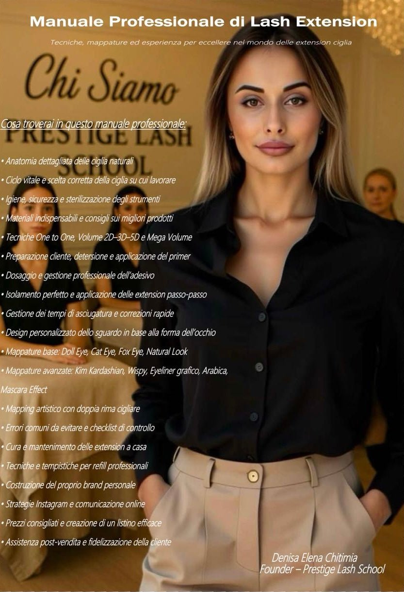 Manuale professionale digitale per extension ciglia in PDF – Oltre 90 pagine ricche di segreti, tecniche avanzate One to One e Volume, mappature artistiche, effetti wispy, Kim K style e consigli esclusivi da Lash Master. Edizione Prestige Lash School – perfetta per lash artist ambiziose e creative.