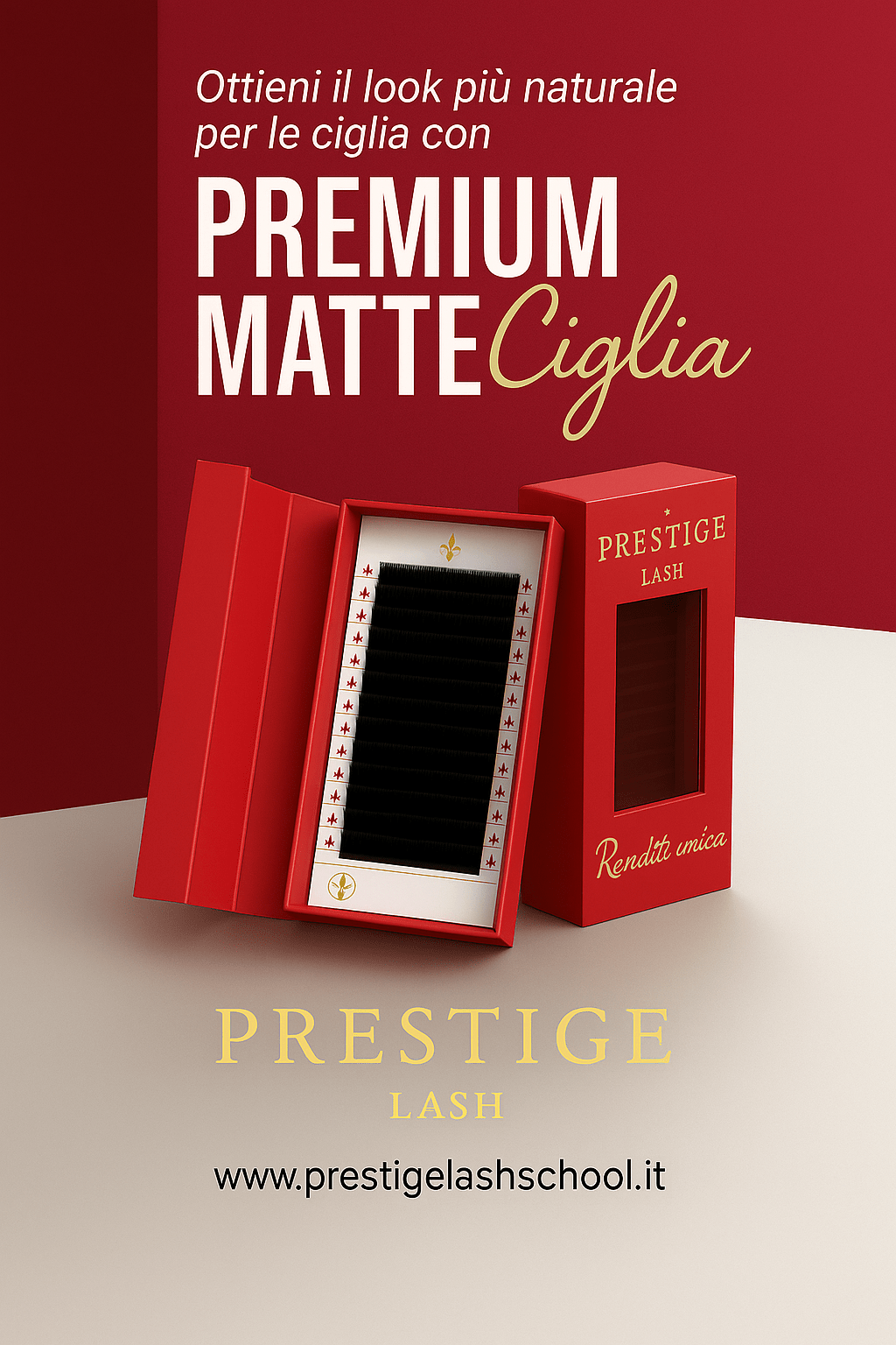 Presentazione creativa ciglia premium matte per uso social e vetrina online, con logo Prestige