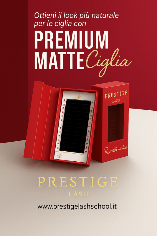 Presentazione creativa ciglia premium matte per uso social e vetrina online, con logo Prestige